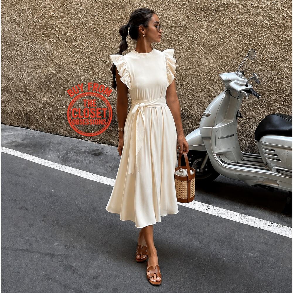 ZARA Ruffled Midi Dress NWT | Ecru Cotton Fit & Flare Belted Size M/L - Picture 7 of 16